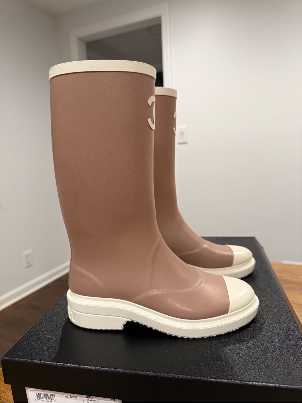 CHANEL Beige and Cream Rubber Knee-High Rain Boots with CC Logo - Picture 2 of 10